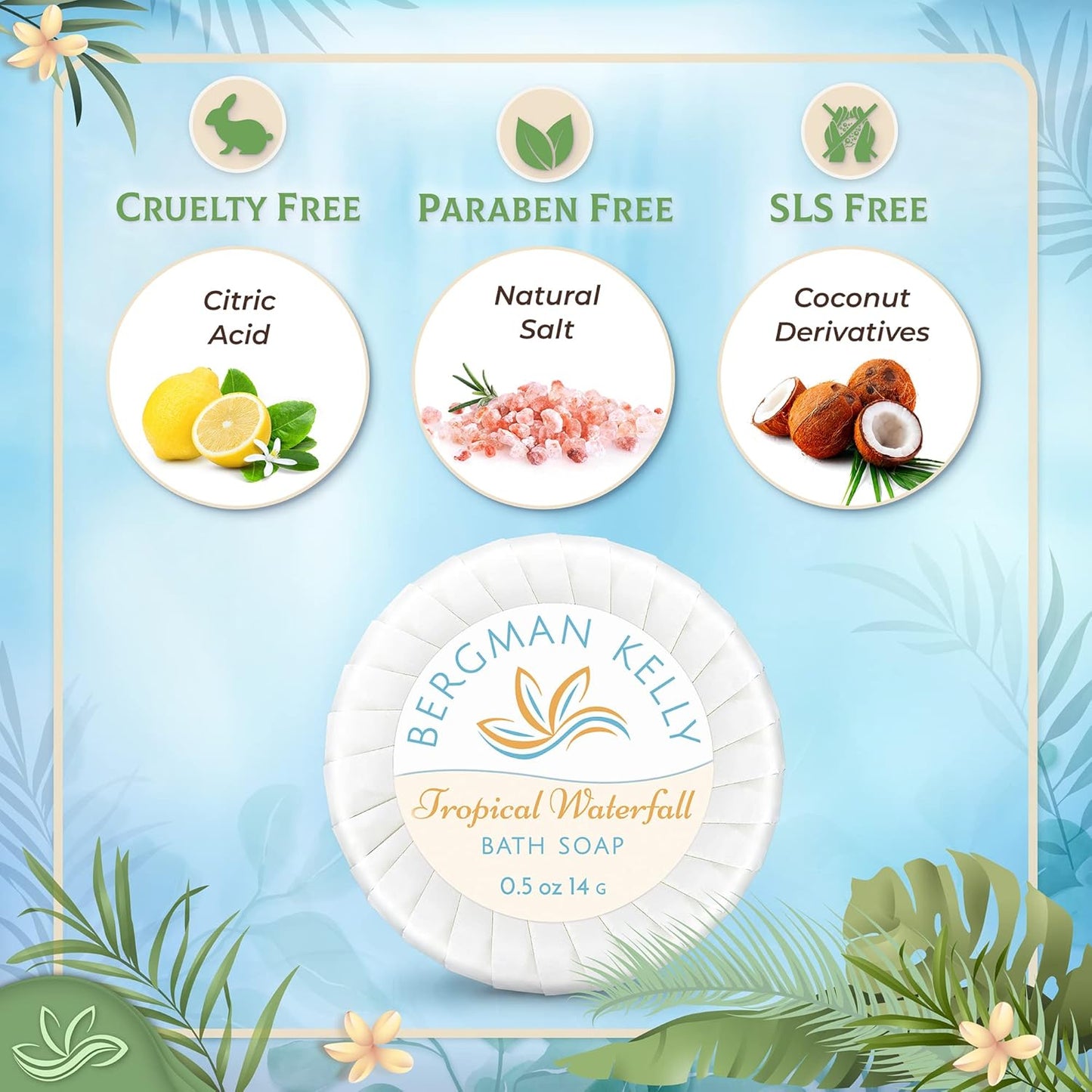 BERGMAN KELLY - Hotel Soap Bars in Bulk - Tropical Waterfall, 0.5 oz, 200 PK - Small Individually Wrapped Round Soap - Travel Size Mini Toiletries for Airbnb, Motel, Guest Bathroom