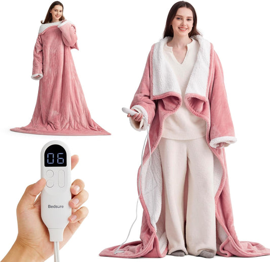 Bedsure Wearable Heated Blanket with Foot Pocket - Electric Snuggle Blanket for Adult with Sleeves, Winter Gifts for Mom Women Girlfriend, Warm Sherpa Heating Throw, Auto Shut Off, 50 x 71+18", Pink