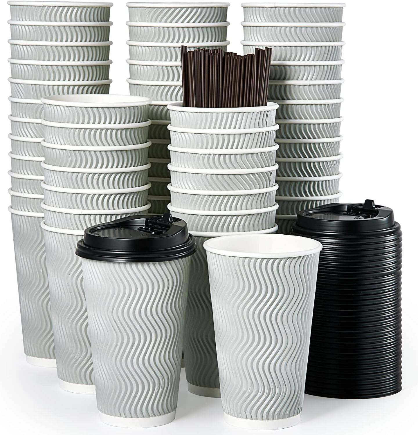 MUCHII 16 oz Disposable Coffee Cups, 80 Count Silver Grey Insulated Ripple To Go Cups With Lids and Straws for Tea, Hot Chocolate, and Drinks