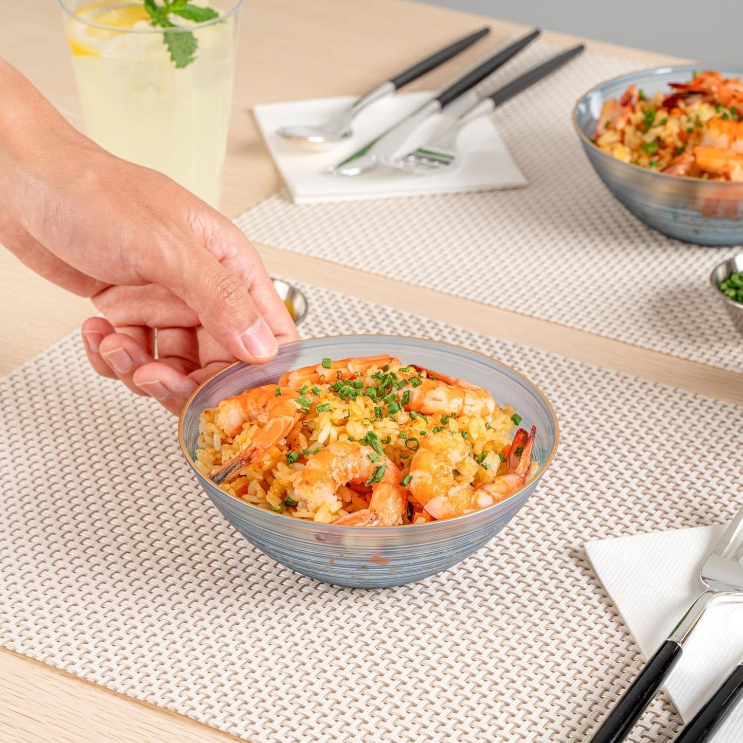 Restaurantware Plastic Bowls 100 Pcs 16 oz Gold Rimmed Disposable Soup Bowls Heavy-Duty Blue Translucent Rippled Dinnerware Containers for Party, Desserts, Salads, Snacks, and Catering