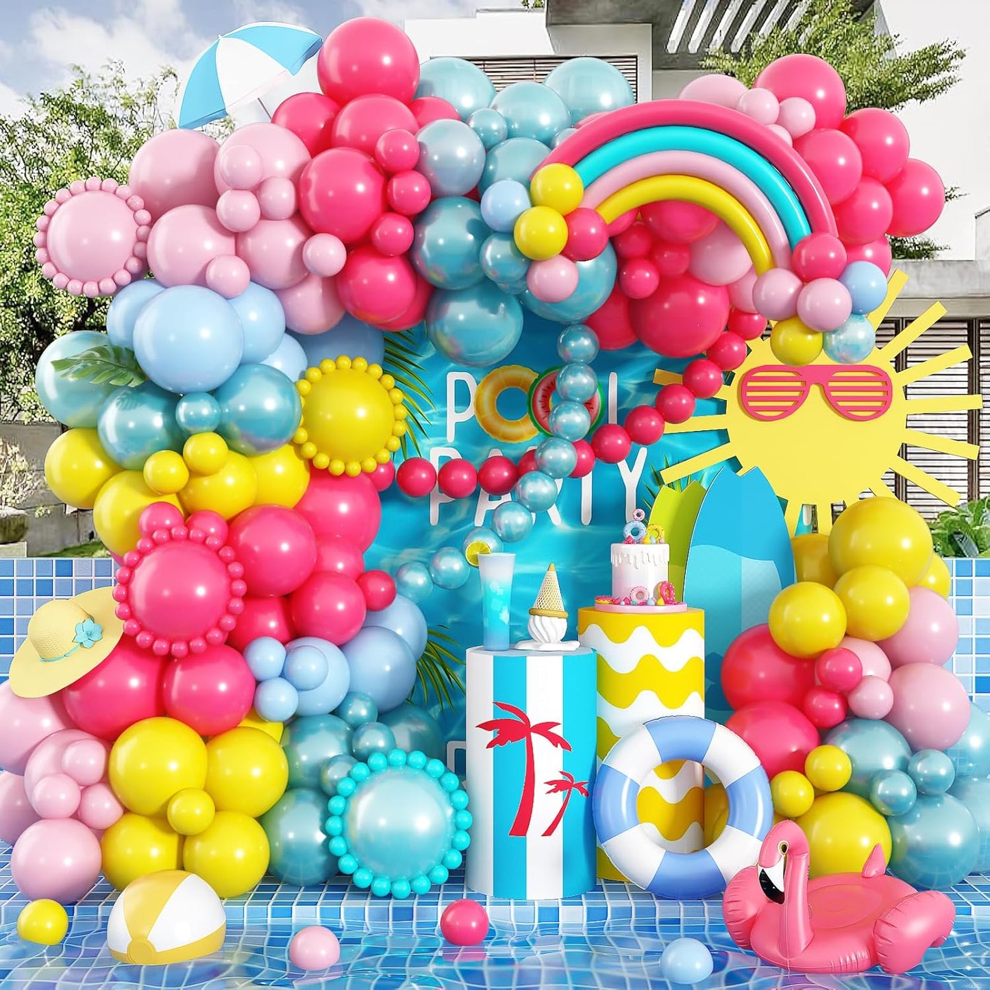 155 Pcs Summer Rainbow Balloons Arch Kit, Hot Pink Teal Blue and Yellow Neon Balloon Garland Kit Pool Birthday Decor, Pastel Pink Blue Colorful Long Balloon as Rainbow Tropical Luau Party Decorations