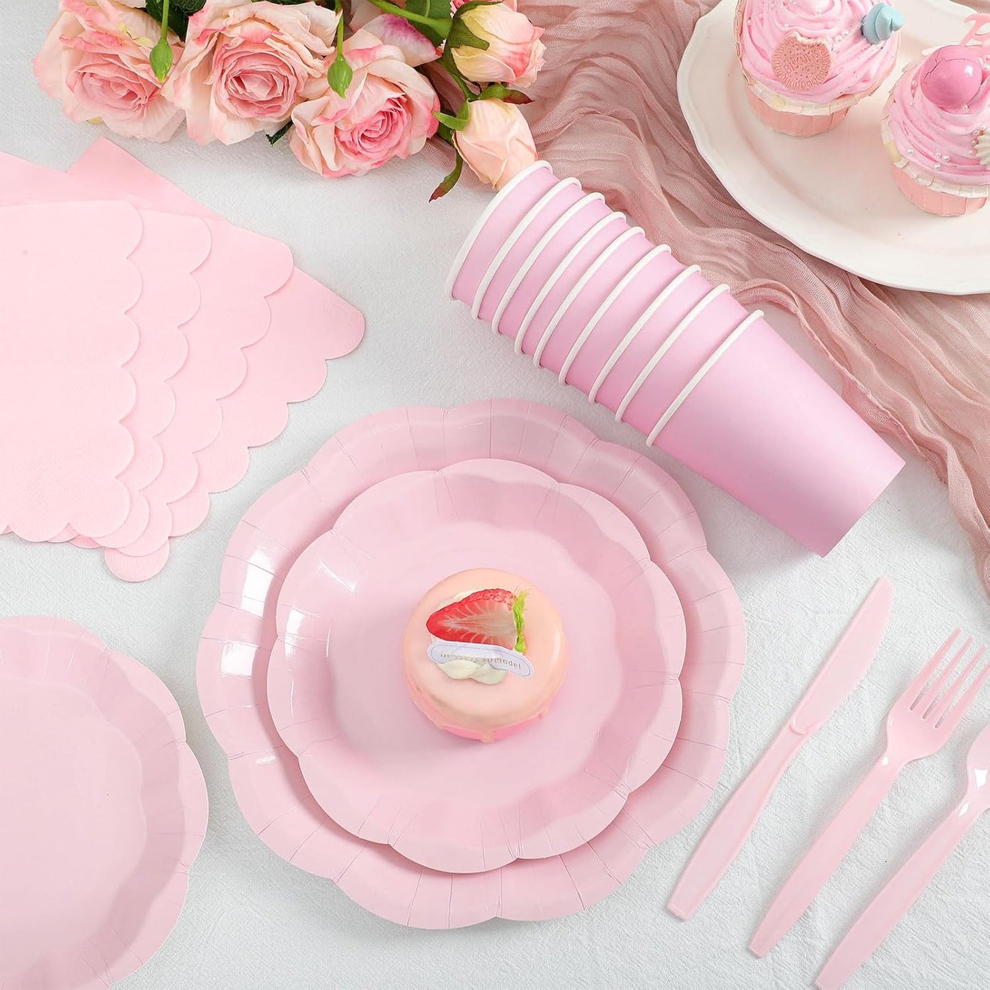 175 Pcs Pink Plates and Napkins Set, 25 Guest Pink Party Supplies Include Scalloped Plate Napkin Cup Forks Knives Disposable Plastic Cutlery for Wedding Baby Shower Birthday Party