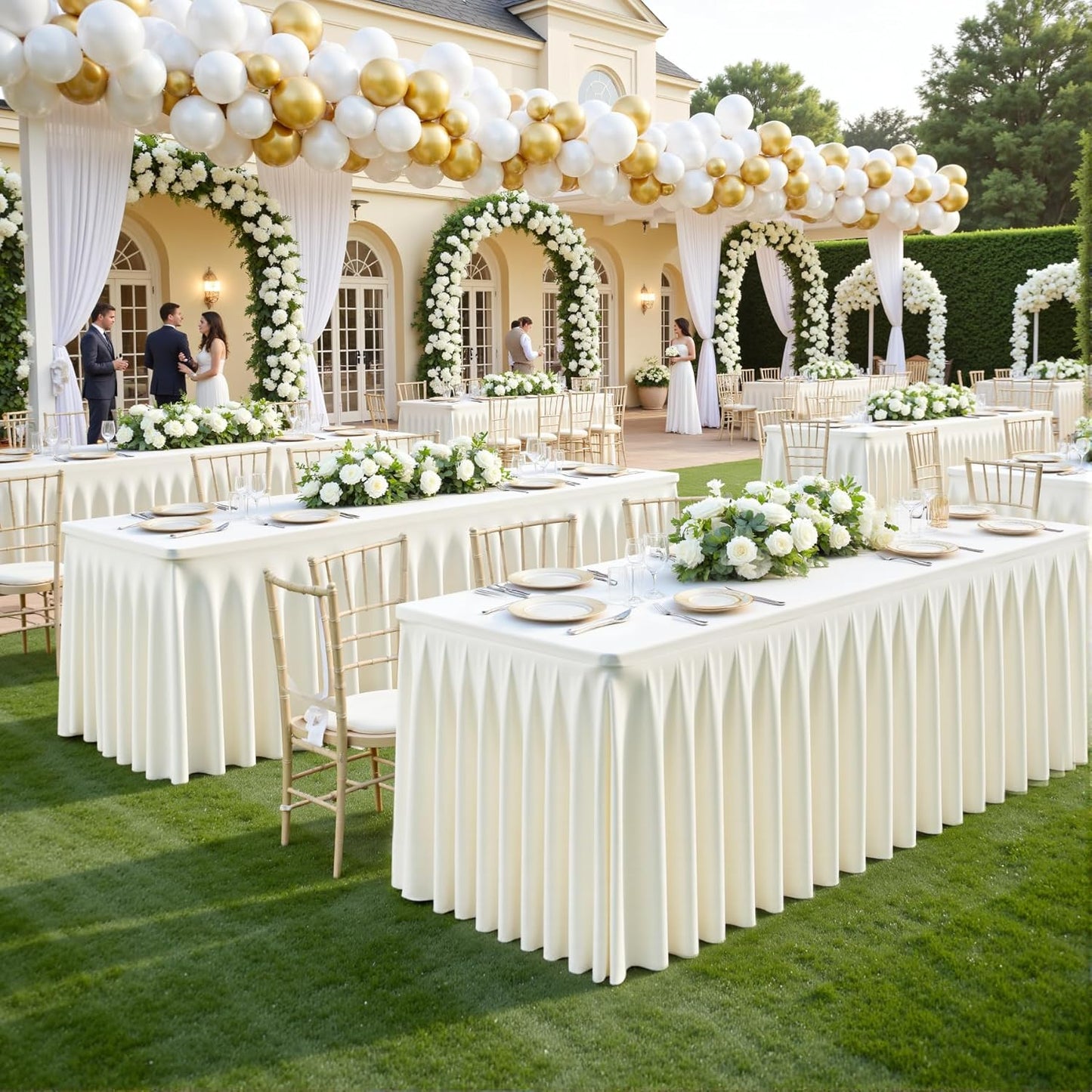 4 Pack Ivory Rectangle Tablecloth 8 FT Stretch Spandex Fitted Table Cloth for 8 Foot Rectangle Tables Banquet Tablecloths Wrinkle Free Table Cover Skirt Ruffle Tablecloth for Party Wedding Birthday