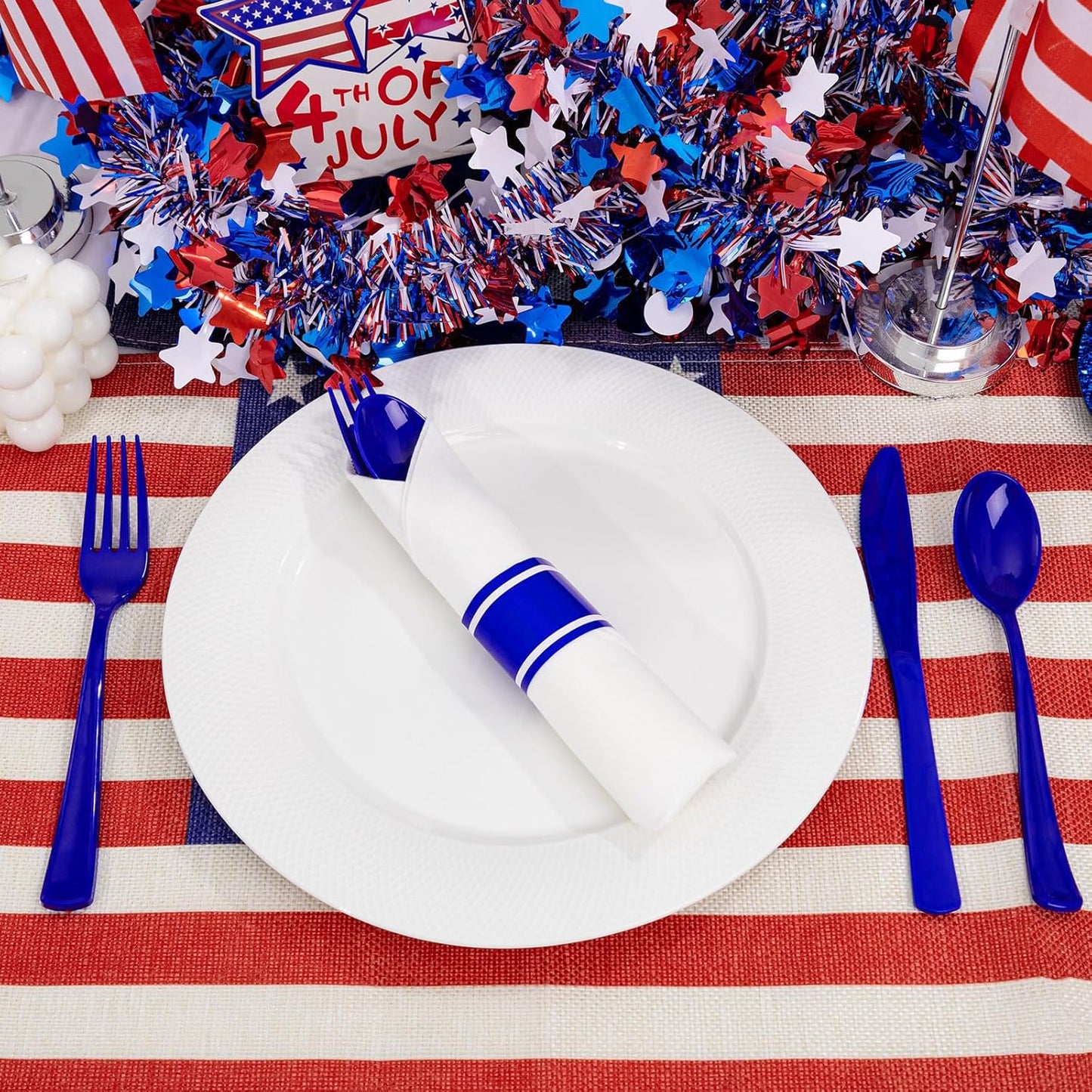 Liacere 100Pack Pre Rolled Blue Silverware and Napkin - Disposable Blue Plastic Utensils-Wrapped Plastic Cutlery Set with Napkin:100 Forks,100 Knives,100 Spoons,100 Napkins for Wedding&New Year