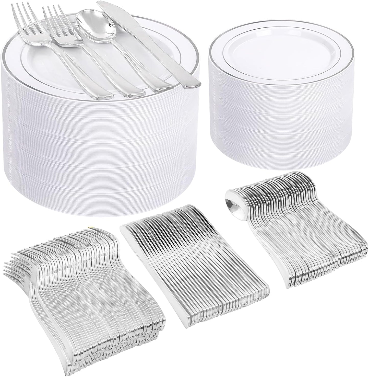I00000 600pcs Silver Dinnerware Set for 100 Guests, Silver Plastic Plates Plastic Silverware Set of 100 Dinner Plates, 100 Salad Plates, 200 Forks, 100 Spoons,100 Knives for Party & Wedding