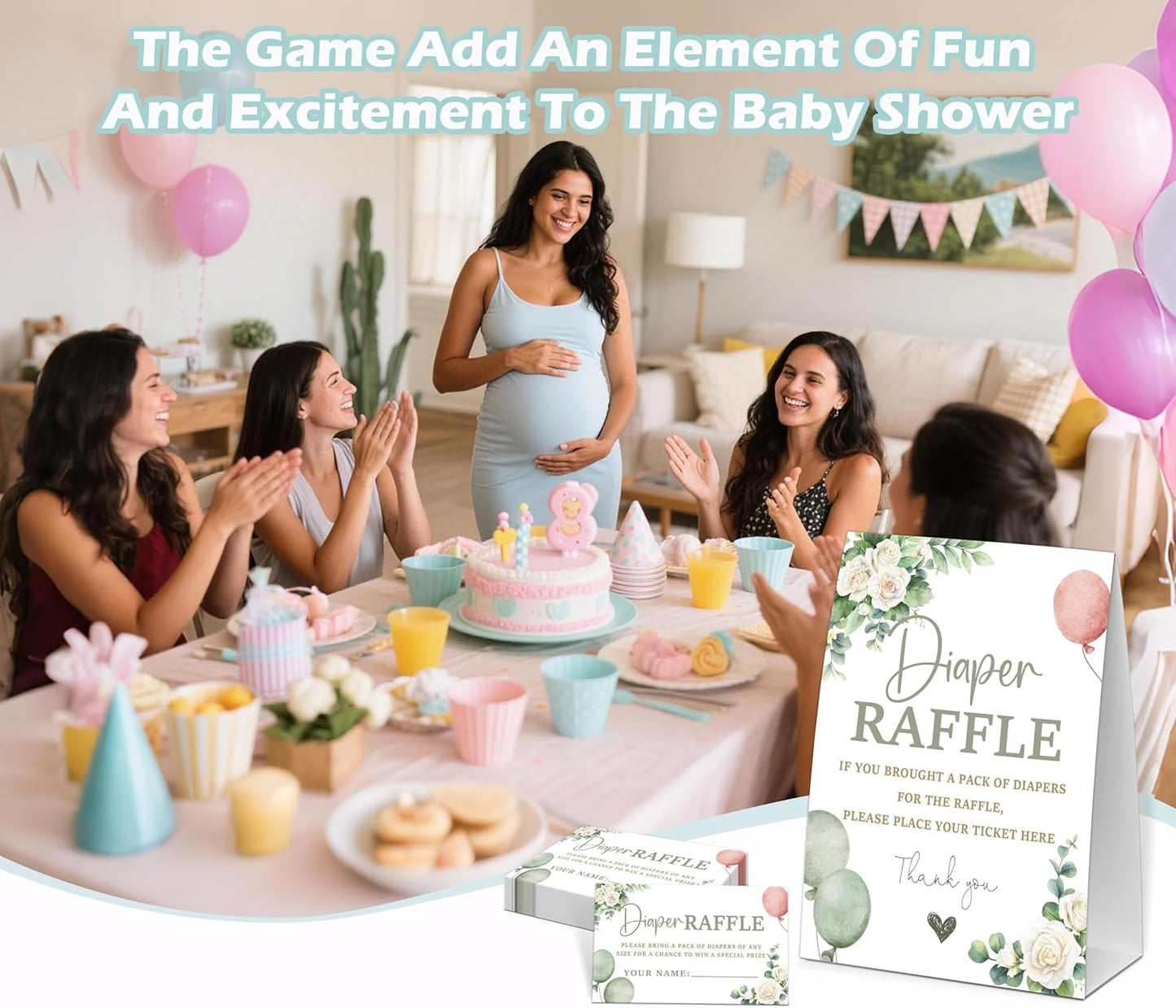 Sage Green Baby Shower Diaper Raffle, Baby Shower Game, Include One 5×7 Sign and 50 Diaper Raffle Tickets, Greenery Balloons Gender Reveal Party Decoration Supplies - FG07