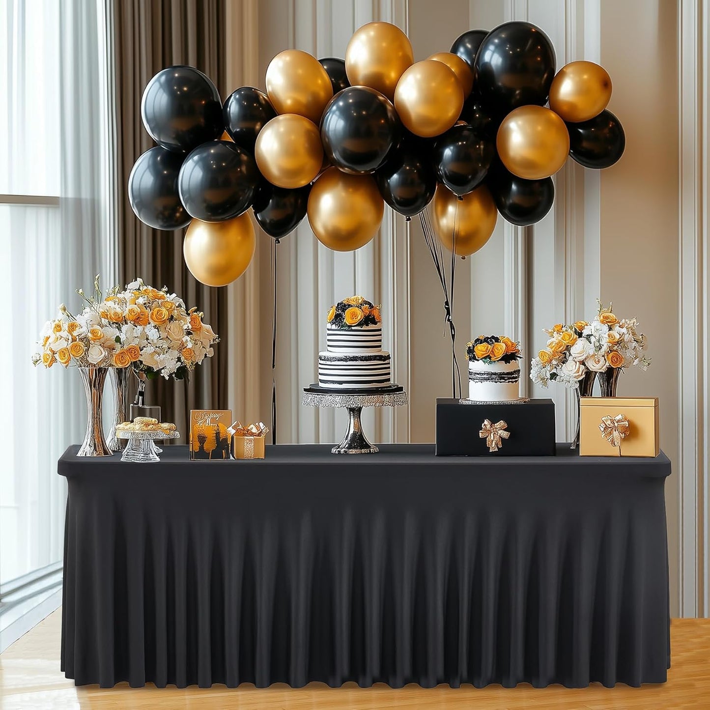 1 Pack Black Spandex Tablecloth 8ft with Pleats Skirt, Wrinkle Free High Stretch Fitted Tablecloths for 8 Foot Rectangle Tables, Ruffle Elastic Spandex Table Covers 8ft for Parties Weddings Banquet