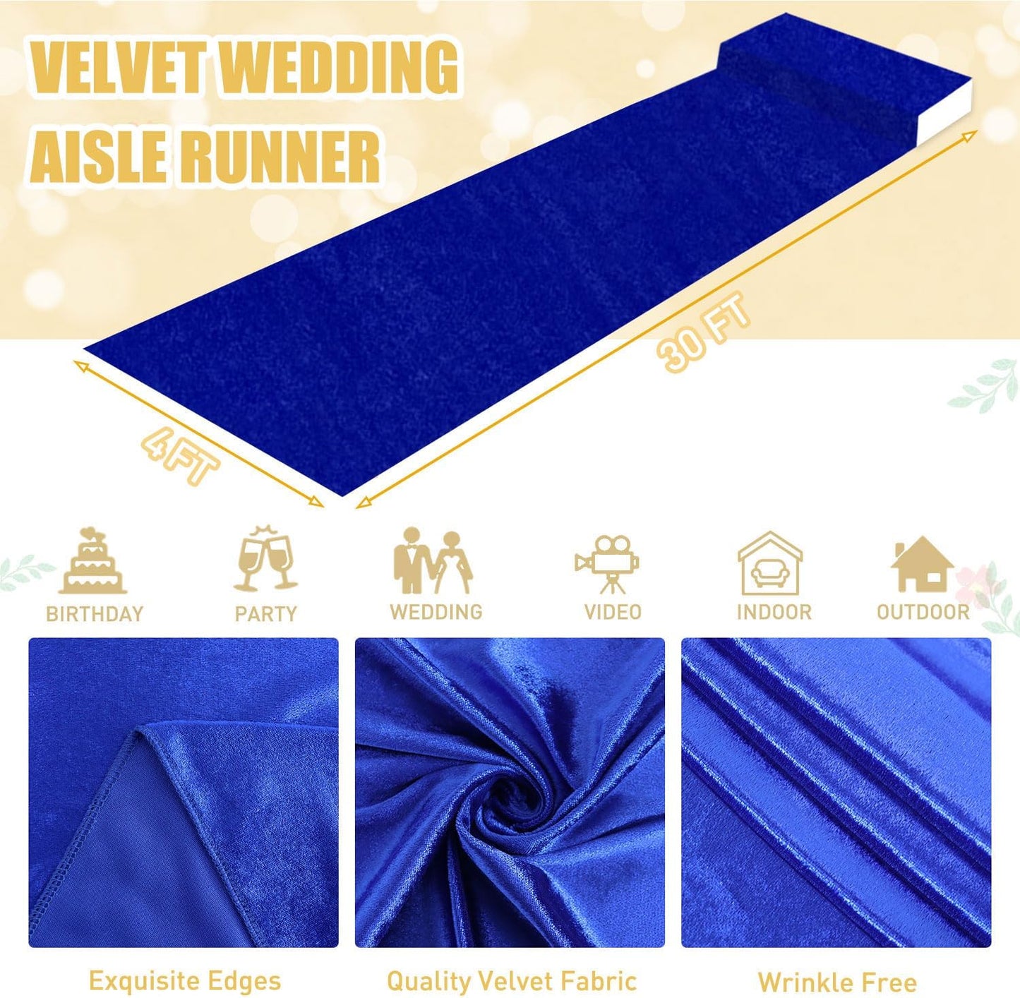 FUHSY Aisle Runner Royal Blue Carpet Runner for Party 4x30 ft Velvet Cloth Wedding Aisle Runners for Weddings Outdoor Wedding Floor Runners Bridal Walkway Rug for Ceremony Prom Decorations