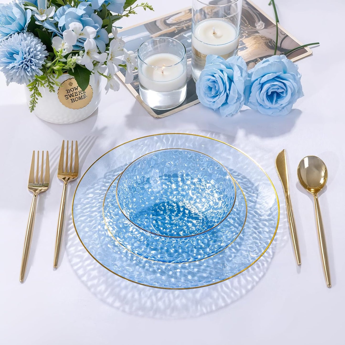 Rubtlamp 20 Pack Clear Blue Disposable Bowls, Blue Plastic Bowls with Gold Rim, 12-16oz Premium Heavy Duty Plastic Dinner Bowls for Party, Wedding and Holiday