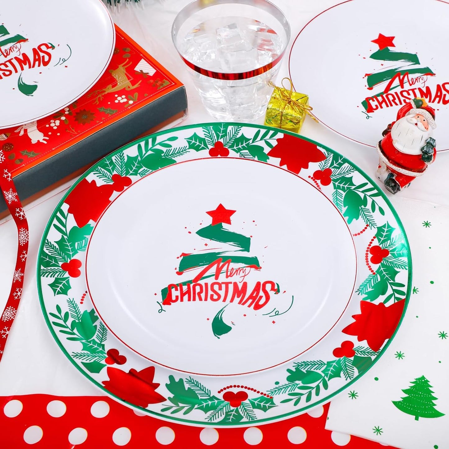GATHER 176 Pieces Christmas Plastic Plates - Heavy Duty Christmas Disposable Dinnerware Set include 50 Plates, 75 Red Plastic Silverware, 25 Napkins, 25 Cups and 1 Tablecloth for Xmas Party