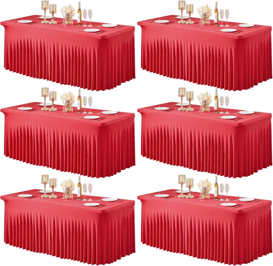 6 Packs Red Table Clothes for 8 Foot Rectangle Tables, One-Piece Wrinkle Resistant Stretch Spandex Table Covers Valentines Table Skirt for Event Banquet Wedding Birthday Party