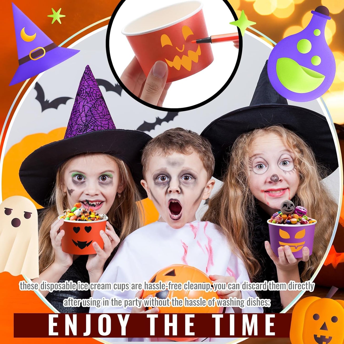 Paper Ice Cream Cups 9oz Colored Disposable Dessert Bowls for Hot or Cold Food Party Cups for Birthday Baby Shower Easter Party Supplies(Halloween Color,60 Pcs)