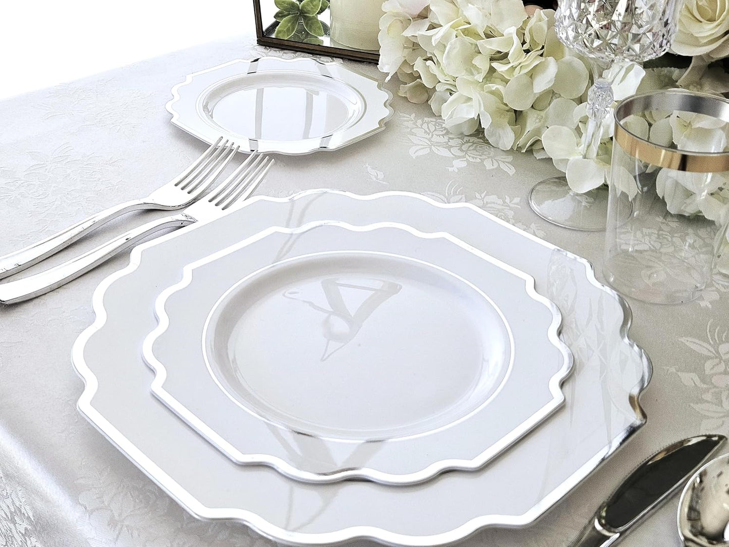" OCCASIONS " 50 Plates Pack (25 Guests)-Heavyweight Wedding Party Disposable Plastic Plate Set -(25x10.5'' Dinner + 25x8'' Salad/Dessert) (Imperial in White & Silver Rim)