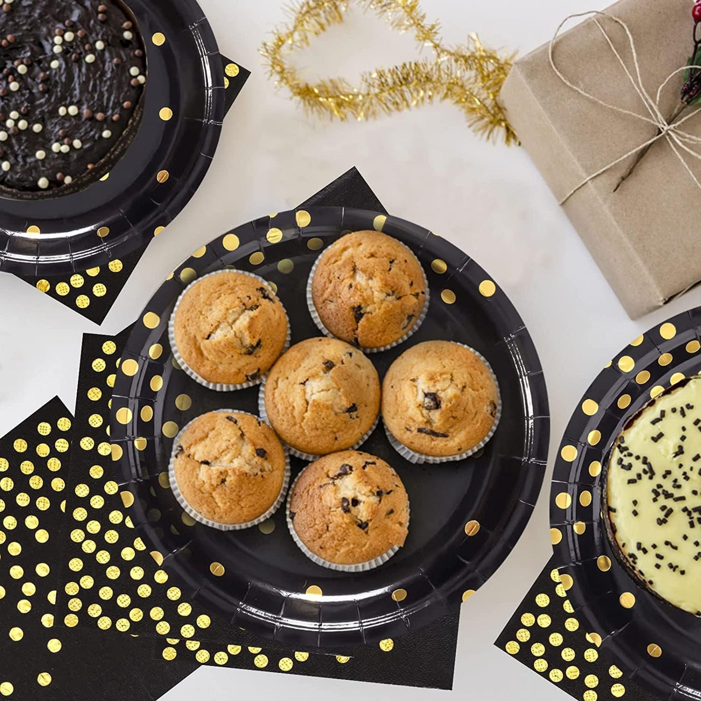 Black and Gold Paper Plates-50 Pack-25 * 7inch Paper Plates & 25 * 6.5inch Napkins,Black Plates and Napkins Party Supplies for Graduation Retirement,All Occasions