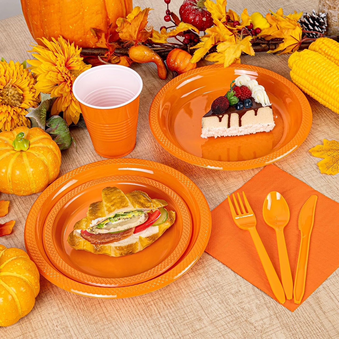 WELLIFE 210Pcs Orange Disposable Plates,Thanksgiving Plastic Plates,Includes: Orange Plates,Disposable Cutlery,12OZ Cups and Napkins Serve 30 Guests,Plastic Dinnerware Set for Thanksgiving