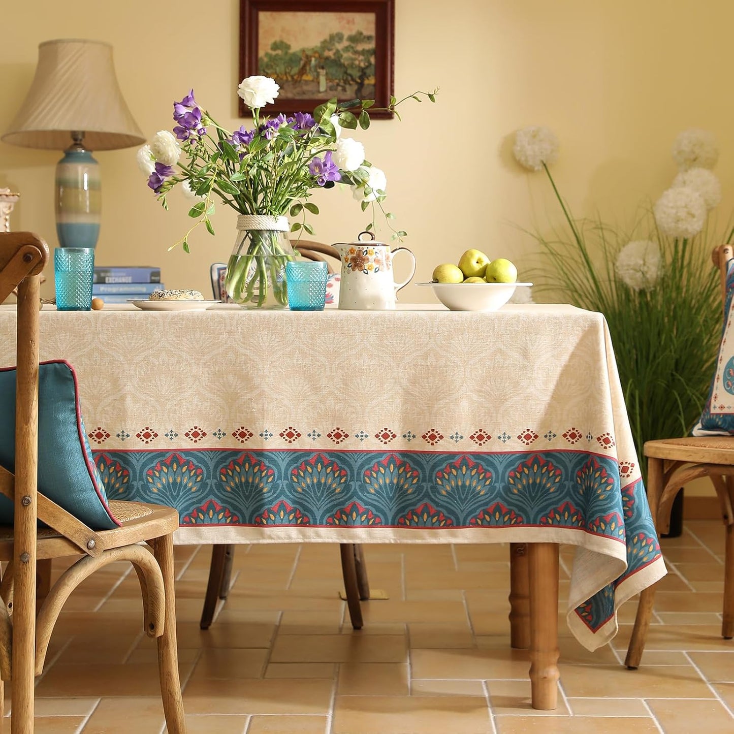 Vintage Beige Linen Extra Long Rectangle Tablecloth,Paisley Farmhouse Feather Pattern Table Cloth,Decor Table Cover for Kitchen,Dining,Thanksgiving,Christmas,67"*118"-Dorodango F