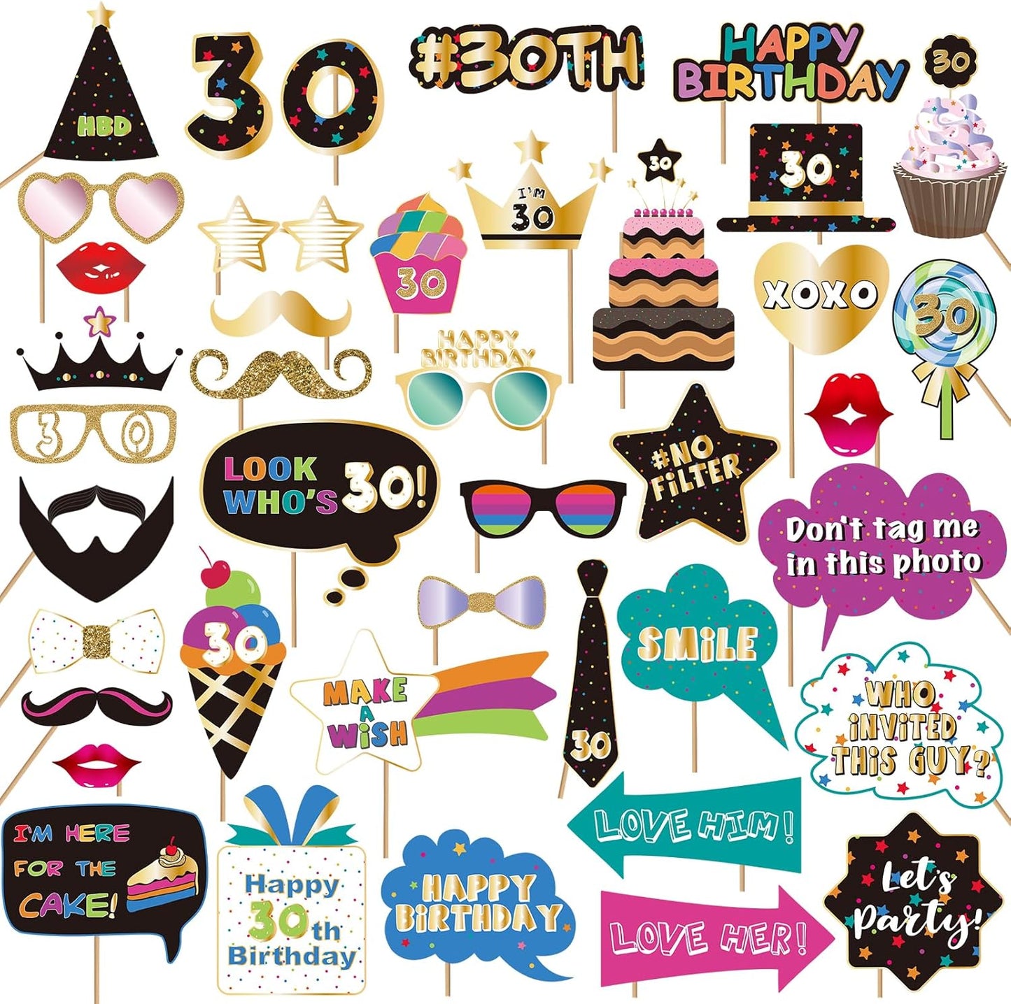 BRT Bearingshui 30th Photo Booth Props - Birthday Party Accessories & Signs