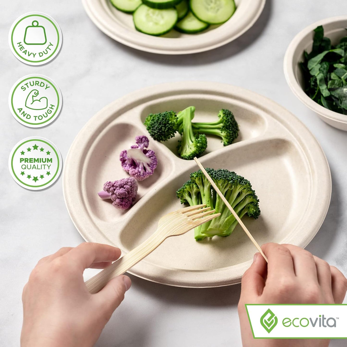 Ecovita 100% Compostable Paper Plates [9 in.] COMPARTMENTS – 150 Disposable Plates Eco Friendly Sturdy Tree Free Liquid and Heat Resistant Alternative to Plastic or Paper Plates