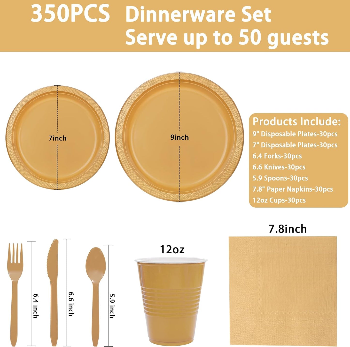 MirthMood 350PCS Gold Plastic Plates,Gold Disposable Plates –Plastic Plates Set Includes 50 Dinner,50 Dessert Plate,50 Cup&50 Napkins, 50 gold Silverware for Wedding& Parties& Birthday