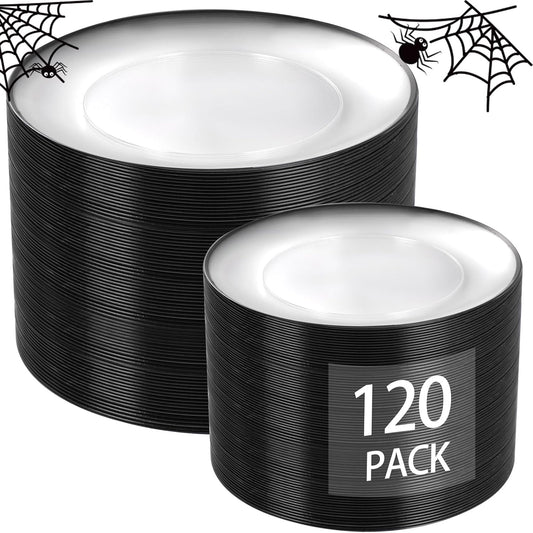 LIYH 120 Pcs Black Plates Disposable Heavy Duty Disposable Plates for Party Halloween Plate Including 60 Dinner 10.25" & 60 Dessert Plate 7.5" Halloween Decor