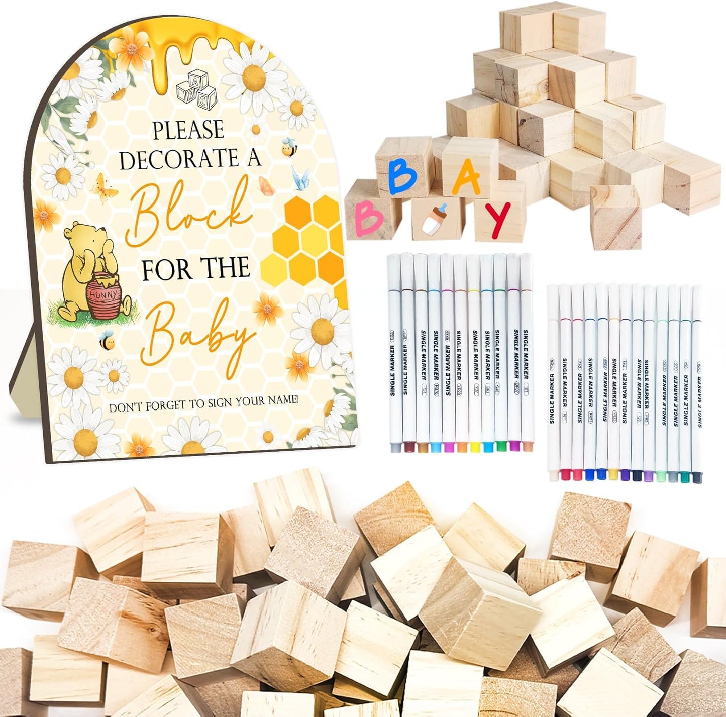 Winnie Baby Shower Games Kit,The Pooh Baby Shower Decor, Winnie Babies Games with 50 Blank Wooden Blocks, 24 Acrylic Paint Marker and Wooden Sign, The Pooh Babies Game Sign for Boys Girls