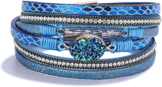 FANCY SHINY Leather Wrap Bracelet Boho Cuff Bangle Bracelets Crystal Bead Bracelet with Magnetic Clasp Jewelry Gifts for Women