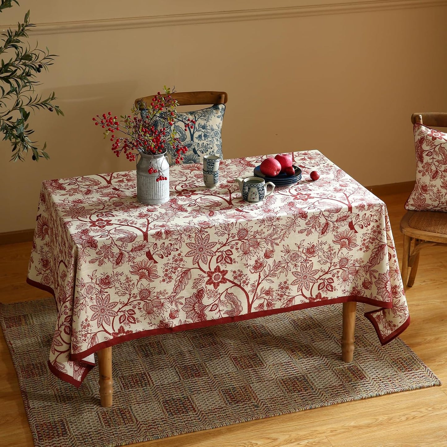 ISAENNE Designer French Linen Extra Long Rectangle Tablecloth,Red Floral Washable Indoor Table Cloth,Durable Home Decor Tablecloths for Dining Thanksgiving Kitchen Party,63"*110"-Ruyi A