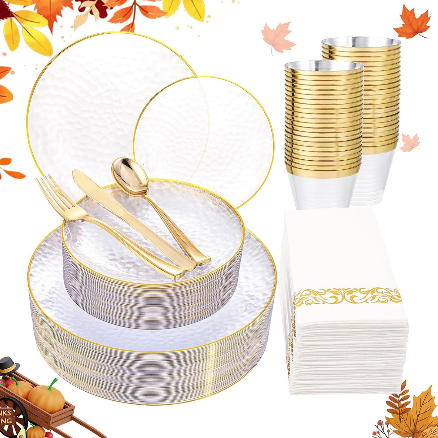 Rubtlamp 175 Pcs Plastic Dinnerware Set (25 Guests), Clear And Gold Plastic Plates, Hammered Party Plates Include Dinner Platos, Dessert Platos, Cups, Gold Cutlery Set And Napkins for Thanksgiving