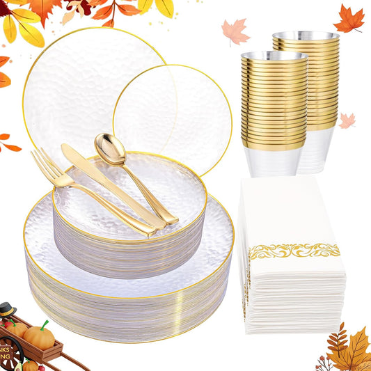 Rubtlamp 175 Pcs Plastic Dinnerware Set (25 Guests), Clear And Gold Plastic Plates, Hammered Party Plates Include Dinner Platos, Dessert Platos, Cups, Gold Cutlery Set And Napkins for Thanksgiving
