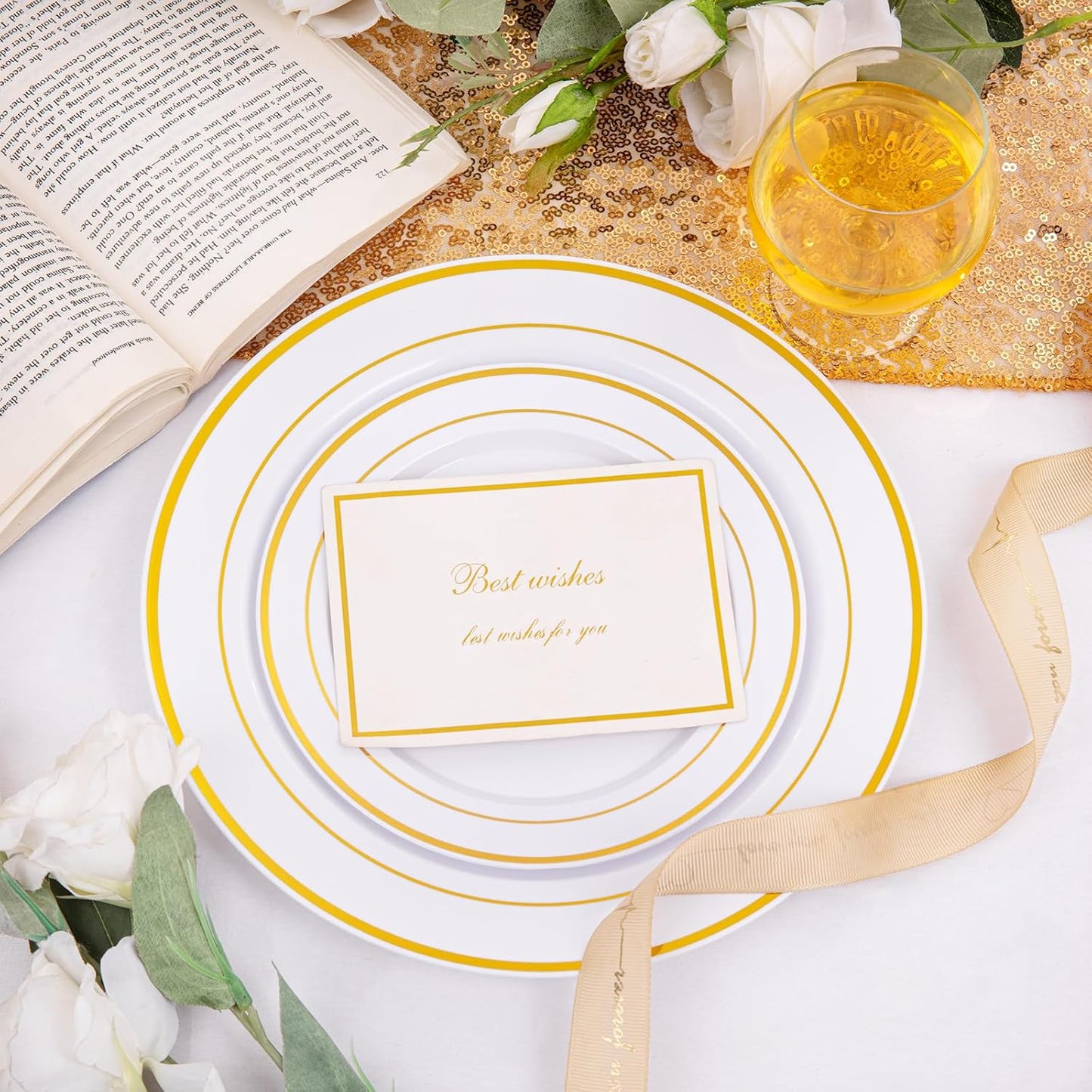 I00000 200 Pcs Gold Plastic Plates - Disposable Party Plates Include 100 Dinner Plate and 100 Elegant Dessert Plate Perfect for Party, Holiday, Wedding & Birthday