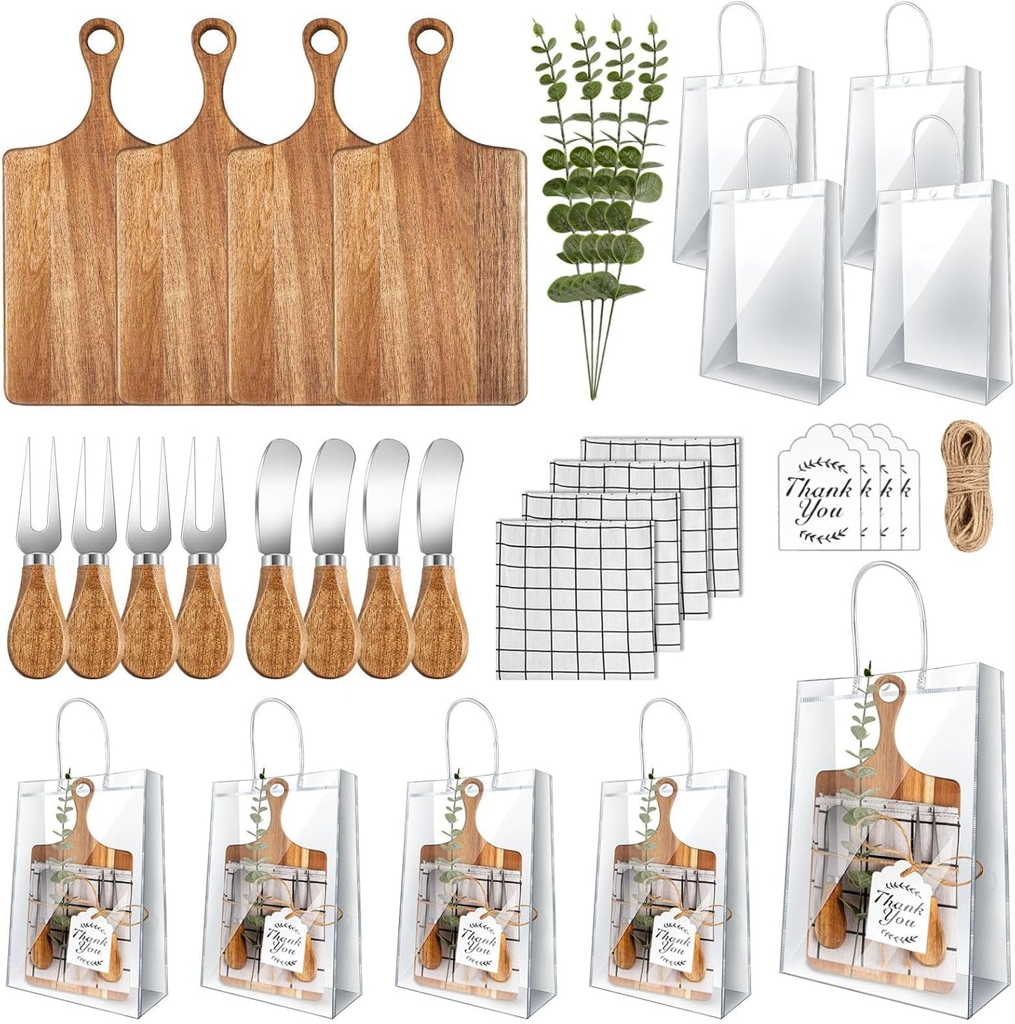 29 Pcs Baby Shower Prizes for Game Player 4 Sets Baby Shower Game Prizes Wedding Bridal Favors for Winners with Acacia Cheese Board Oak Knife and Fork Placements Artificial Eucalyptus Stems Tags Bags