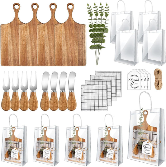 29 Pcs Baby Shower Prizes for Game Player 4 Sets Baby Shower Game Prizes Wedding Bridal Favors for Winners with Acacia Cheese Board Oak Knife and Fork Placements Artificial Eucalyptus Stems Tags Bags