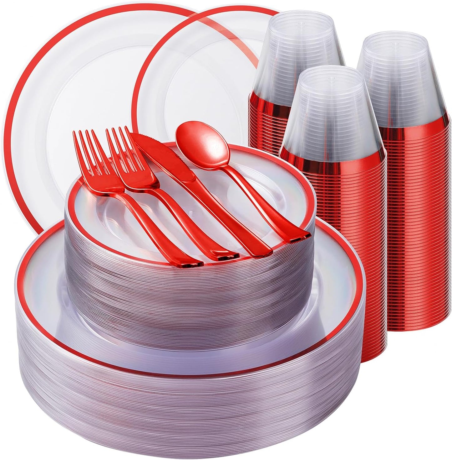 350PCS Red and Clear Plastic Dinnerware Sets for 50 Guests, Include 100 Red Disposable Party Plates, 100 Forks, 50 Knives, 50 Spoons, 50 Cups,christmas party supplies