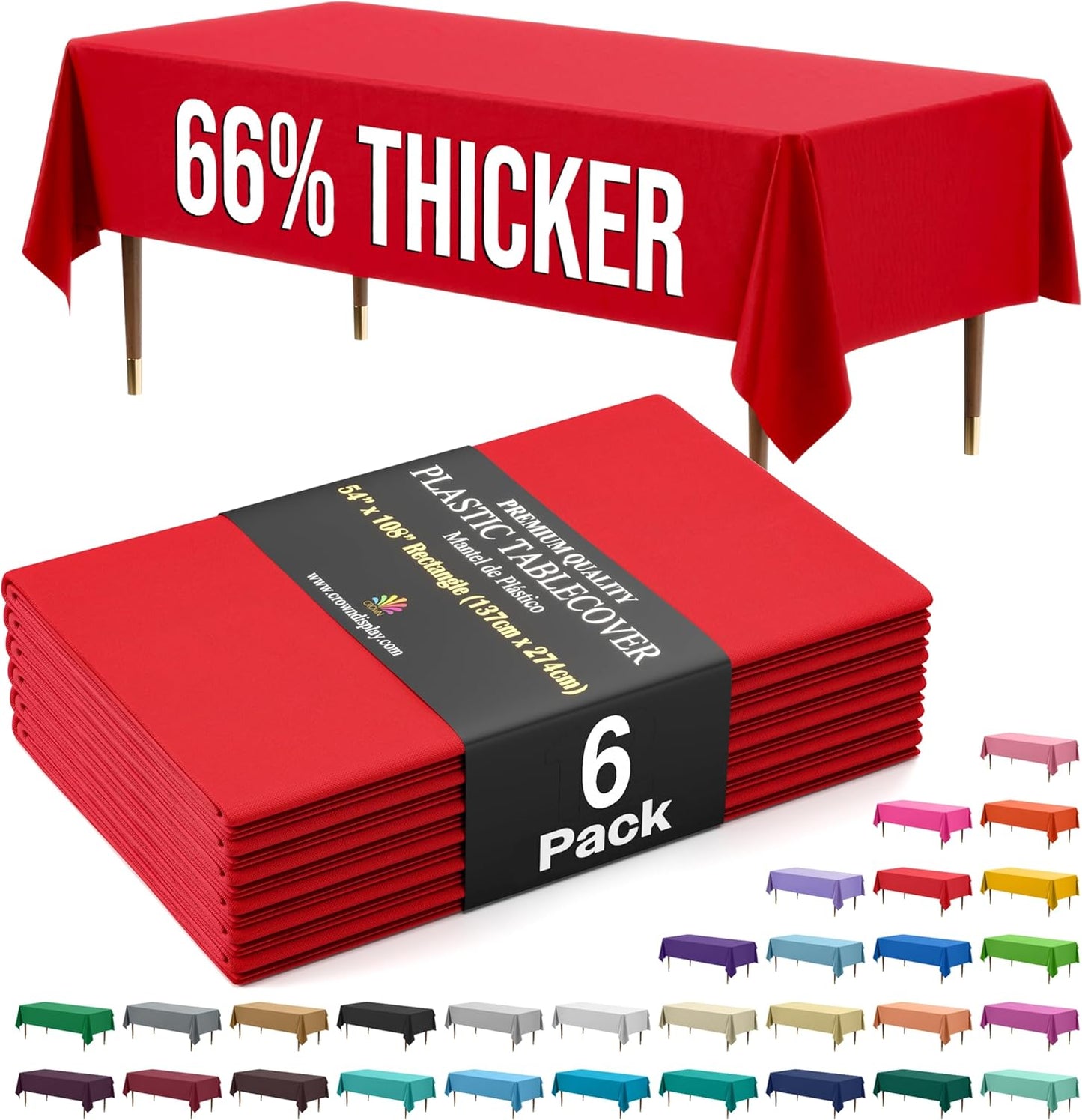Party Solids 66% Thicker Premium Plastic Table Cloth Rectangle Table Cover 0.5 Mil 6 Pack Red Table Cloth 54 Inch x 108 Inch Disposable Tablecloth Won't Tear Easily Like Cheap Thin Brands