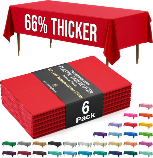 Party Solids 66% Thicker Premium Plastic Table Cloth Rectangle Table Cover 0.5 Mil 6 Pack Red Table Cloth 54 Inch x 108 Inch Disposable Tablecloth Won't Tear Easily Like Cheap Thin Brands