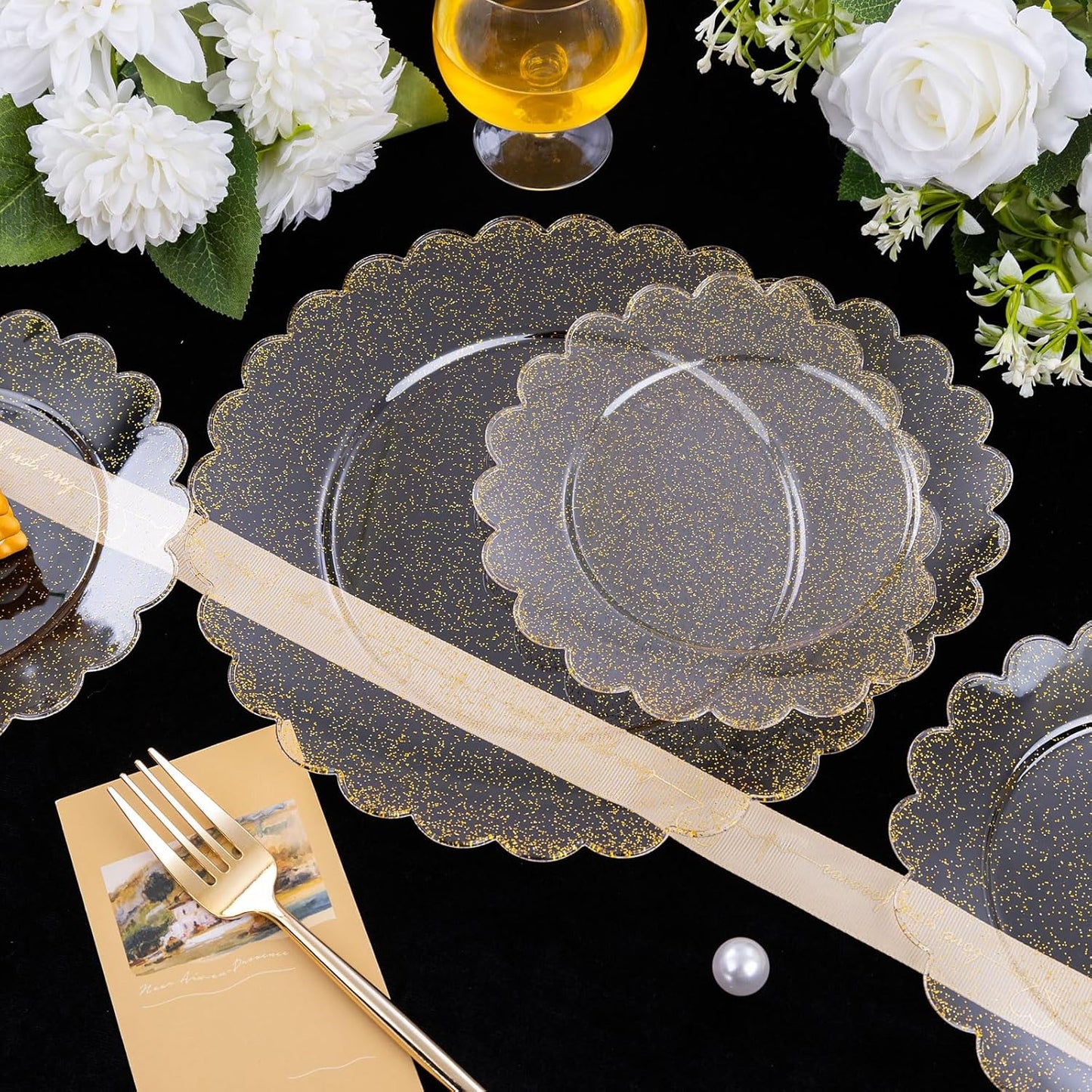 LIYH 60 Pcs Gold Glitter Plastic Scalloped Plates - Disposable Heavyduty Combo Plastic Plates Dishes Included 30 Dinner Plate 30 Dessert Plate for Weddings Party Birthday