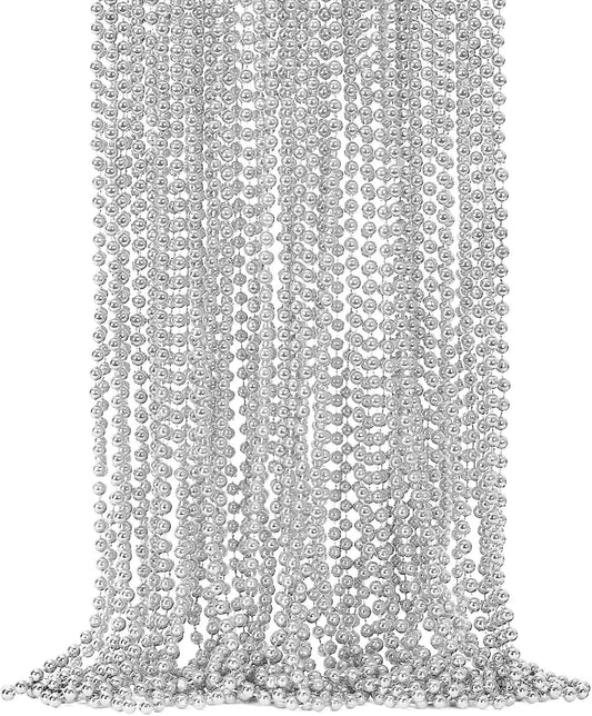 24PCS Christmas Bead Necklace, Silver Xmas Bead Stuff Party Favors, 33" Necklace Women Men Bulk, Festival Events Parade Throw Accessories for Christmas Mardi Gras Wedding Birthday Celebrations Decor