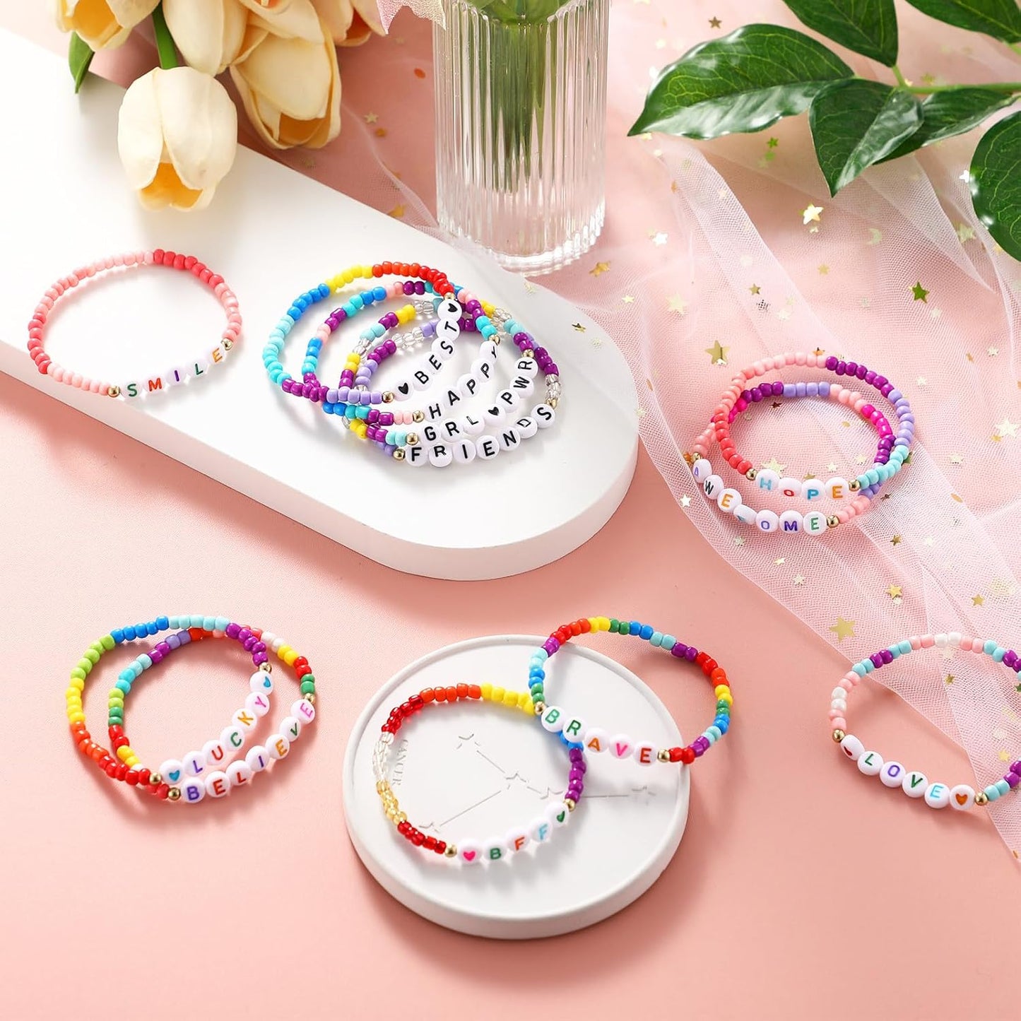 Cunno 36 Pcs Kids Friendship Bracelets for Girls Women Beads Bracelets Surfer Stretch Beaded Cute Colorful jewelry for Birthday Goodie Bag Stuffers Fillers School Gifts Party Favors(Simple Style)