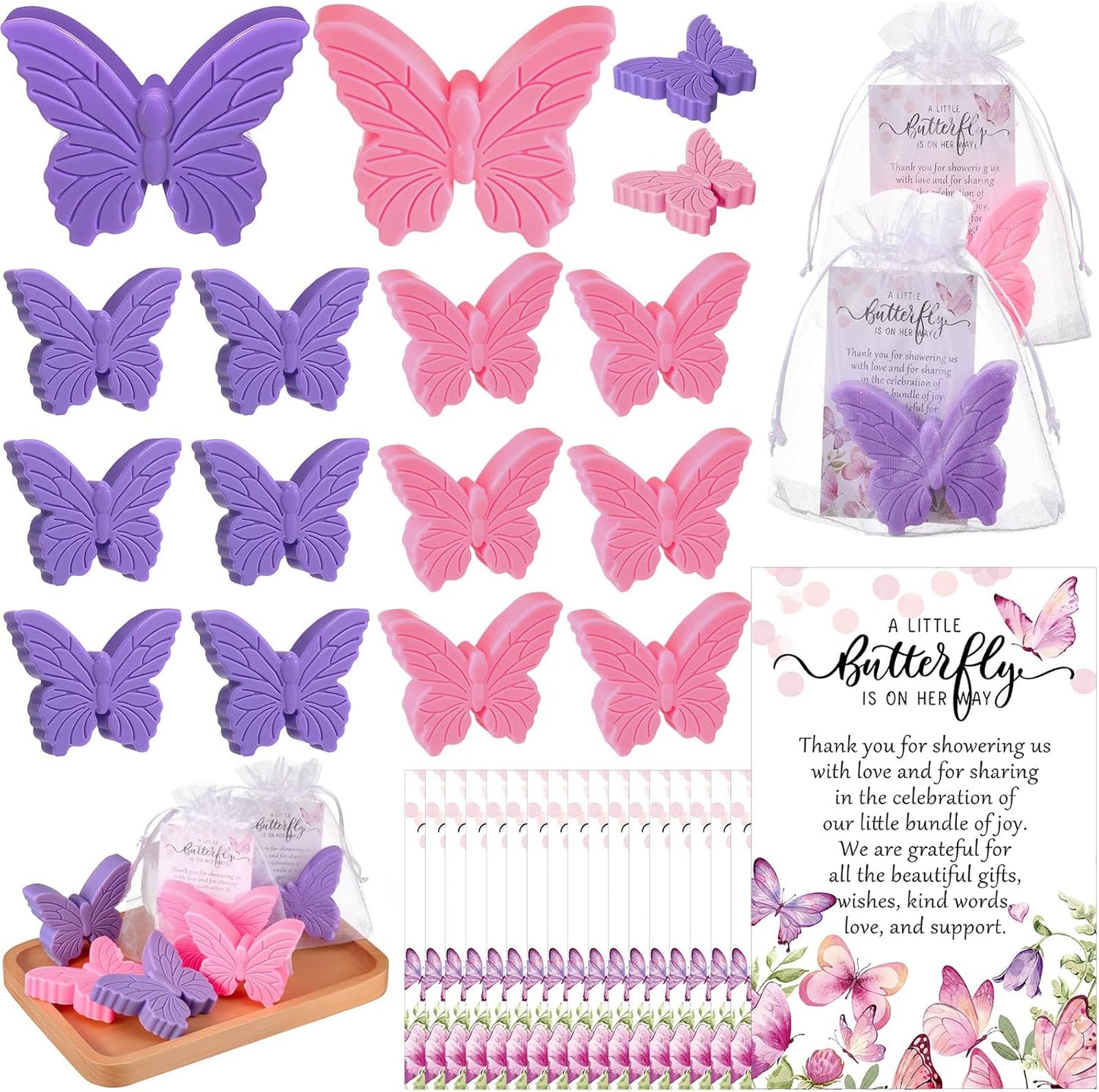 50 Sets Butterfly Themed Baby Shower Favors Butterfly Soap with Thank You Cards Gift Bag for Guest Gender Reveal Party Decorations Baby Shower Game Prizes Wedding Favor(Pink and Purple)