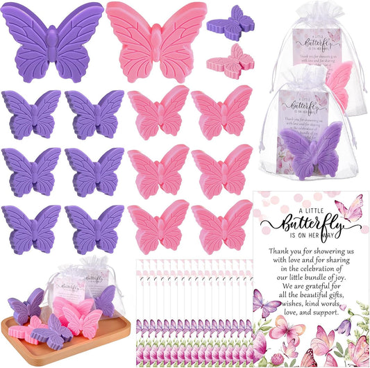 50 Sets Butterfly Themed Baby Shower Favors Butterfly Soap with Thank You Cards Gift Bag for Guest Gender Reveal Party Decorations Baby Shower Game Prizes Wedding Favor(Pink and Purple)