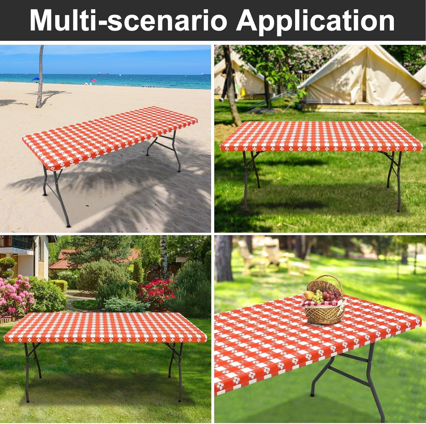 Rectangle Vinyl Table Cloth, Waterproof Elastic Fitted Tablecloth with Flannel Backing, Plastic Table Cover for Picnic, Camping, Outdoor (White & Orange, 30"x96")