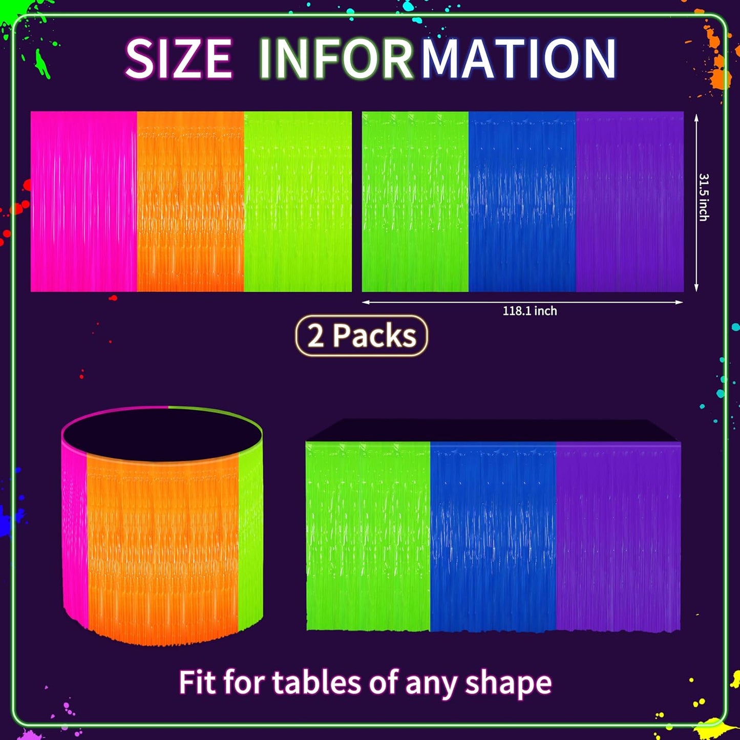 Glow in The Dark Tinsel Fringe Table Skirt - 2 Pack Neon Foil Party Decor, 31.5"x118" UV Reactive Fringe Skirt for Rave, Wedding, Birthday Backdrop - 6 Vibrant Colors