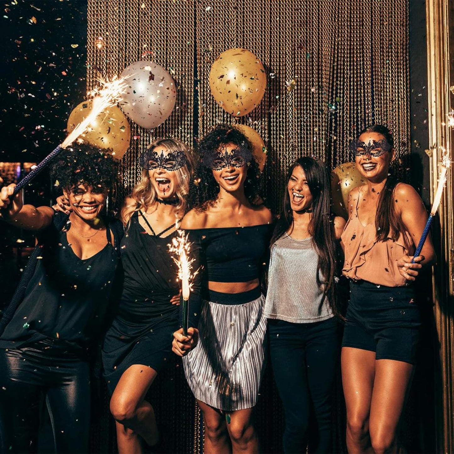 Gold Venetian Masquerade Mask for Women | Lace Mask w/Stick for Mardi Gras Halloween Party