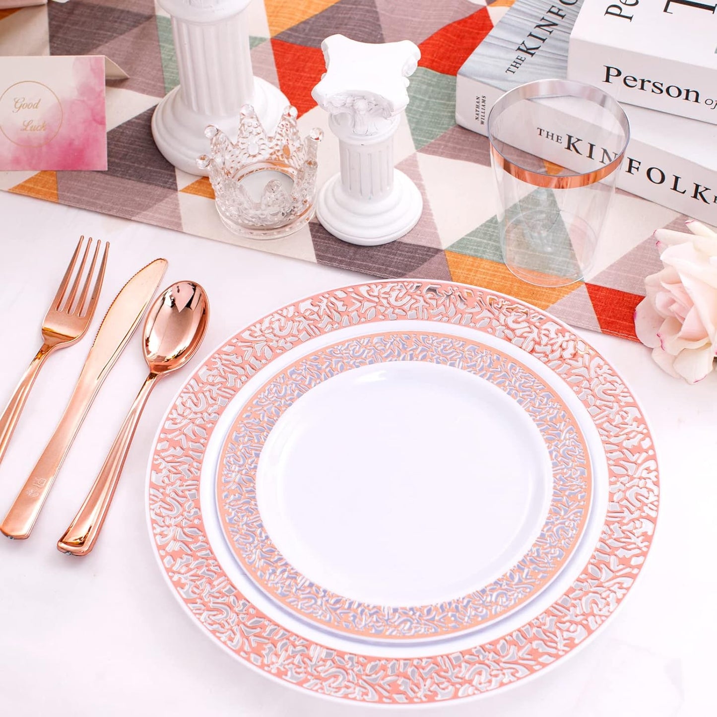 WELLIFE 175 Pieces Rose Gold Plastic Dinnerware,Rose Gold Dinnerware Set Include: 25 Dinner Plates 10.25", 25 Salad Plates 7.5", 25 Cups, 50 Forks, 25 Knives and 25 Spoons for Party