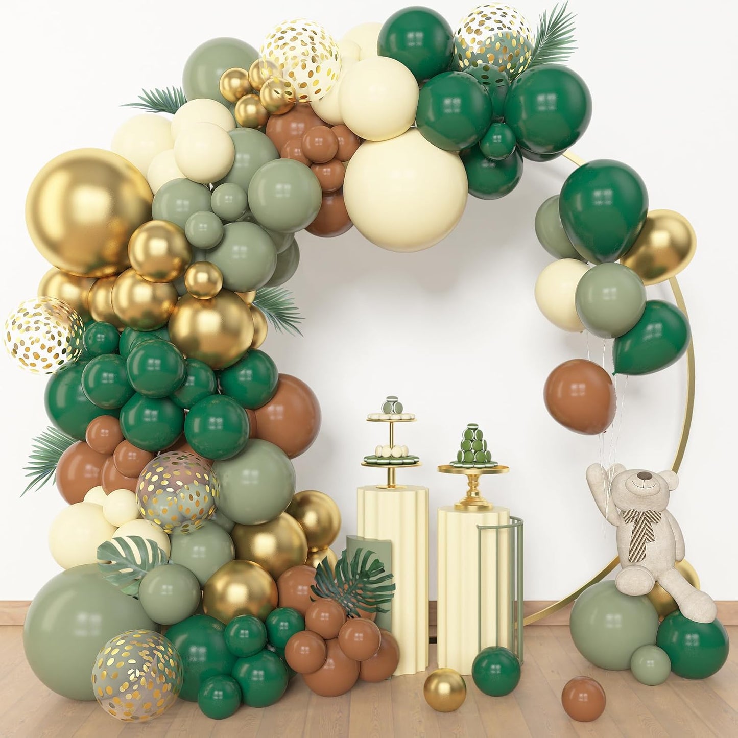 Amandir 153pcs Green Brown Balloon Garland Arch Kit, Different Sizes 18 12 10 5 inch Sage Green Ivory Gold Latex Metallic Confetti Balloon for Safari Jungle Wild One Woodland Tropical Party Decoration
