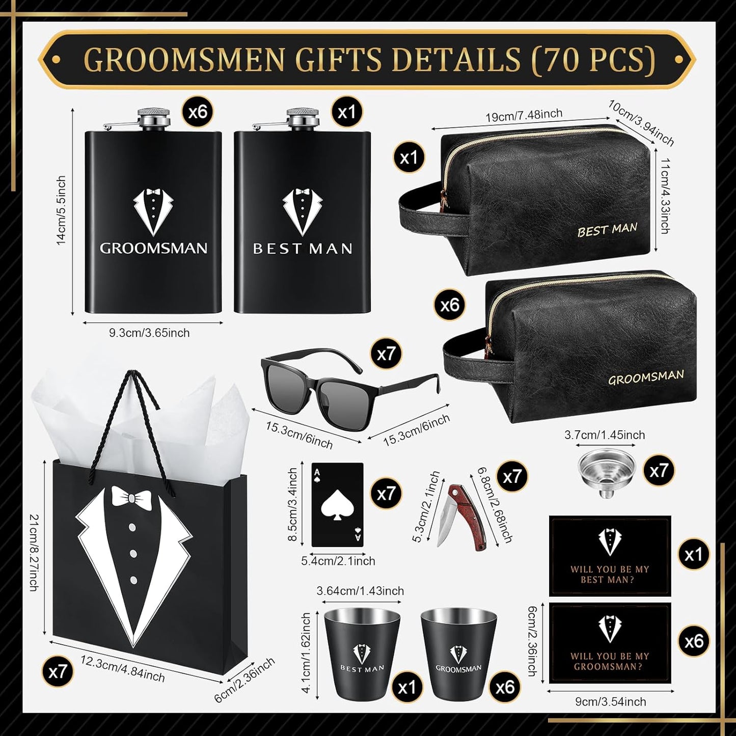 70Pcs Groomsmen Gifts Groomsmen Proposal Box with Flasks Sunglasses PU Leather Toiletry Bag Bottle Opener for Wedding Groomsman Best Man Gift (Black)