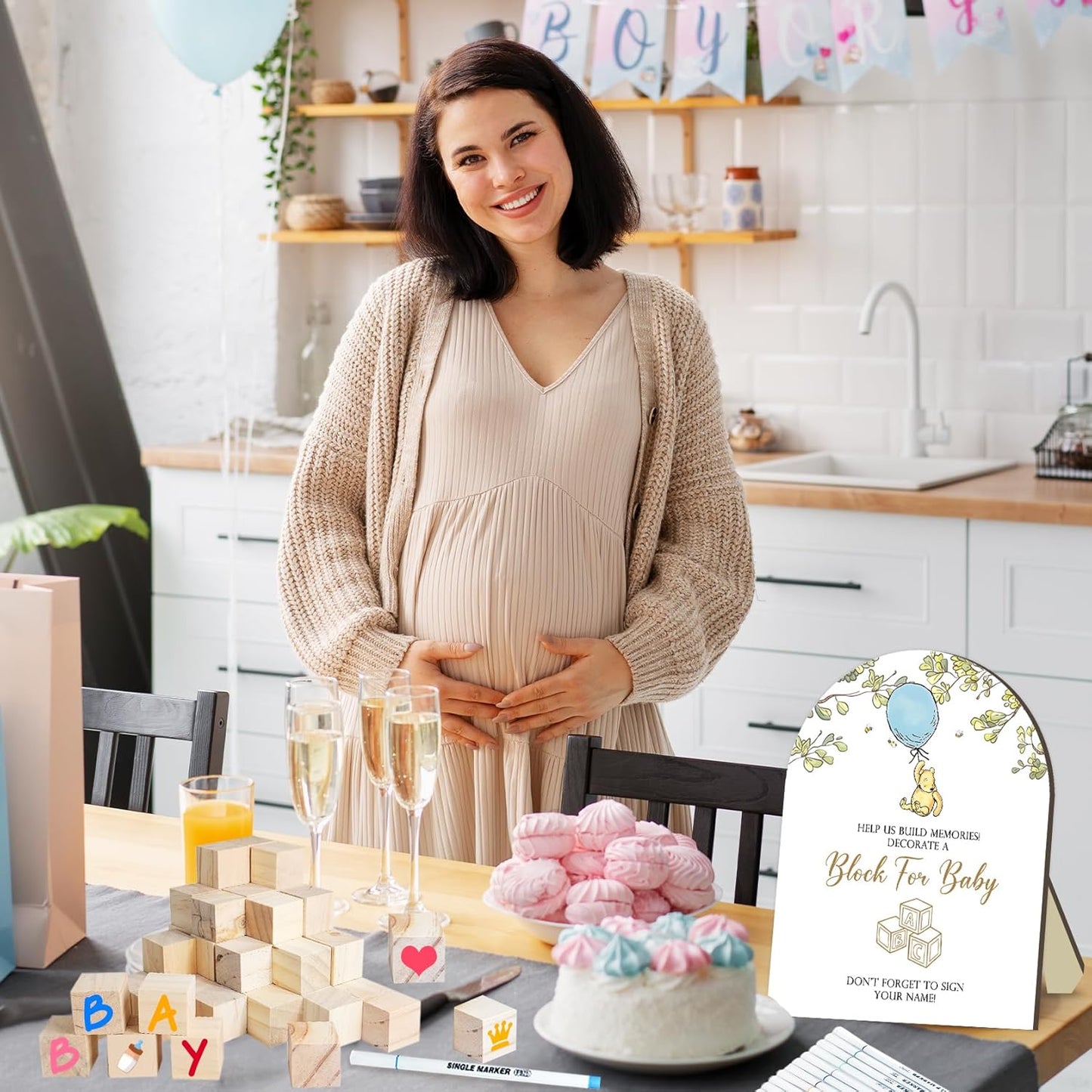 75 PCS Winnie Baby Shower Games Kit, The Pooh Baby Shower Decor, The Pooh Babies Games with 50 Blank Wooden Blocks & 24 Acrylic Paint Marker, Winnie Wooden Game Sign for Gender Reveal Party Decor