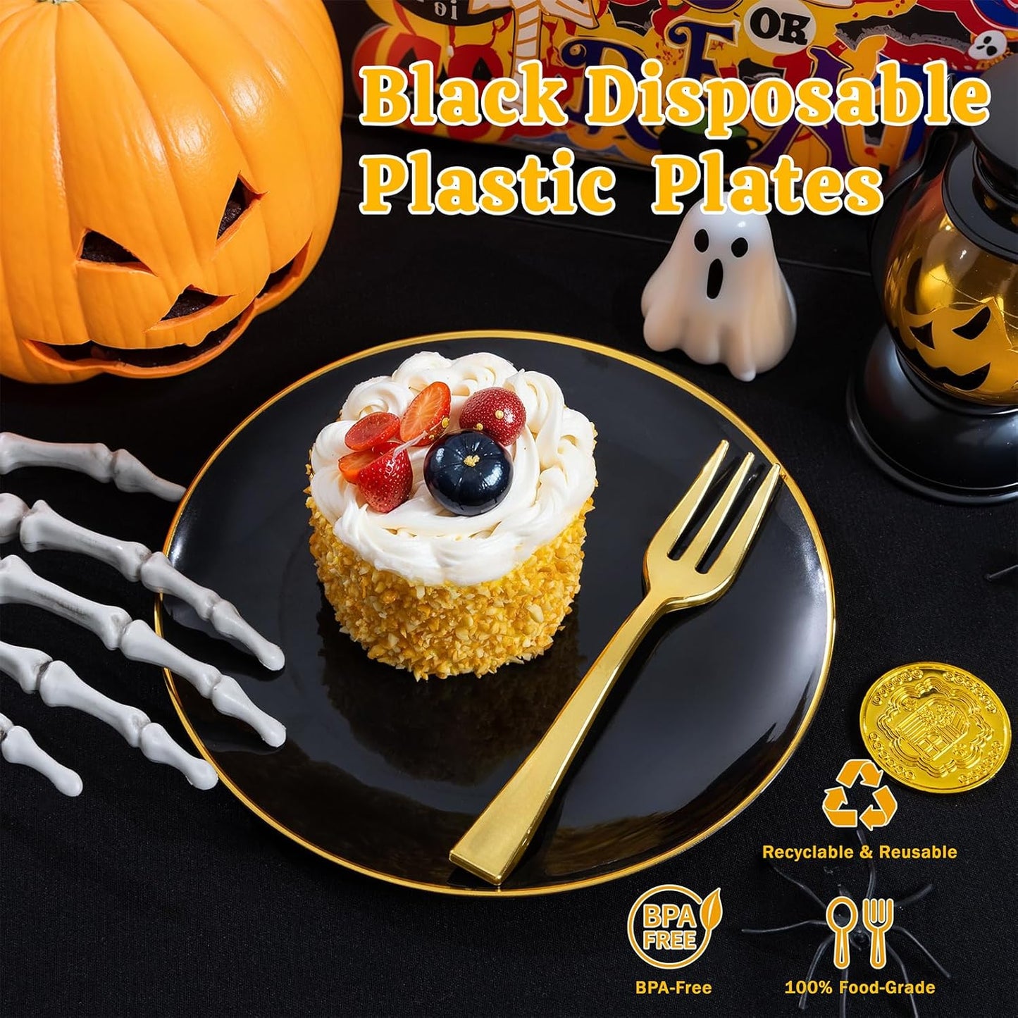 Festiva 200Pcs Black Gold Dessert Plates 6.3" with Plastic Forks 5"- Small Disposable Plates- Dessert/Cake/Appetizer Plastic Plates include 100Plates 100Forks for Christmas Party&Halloween&New Year