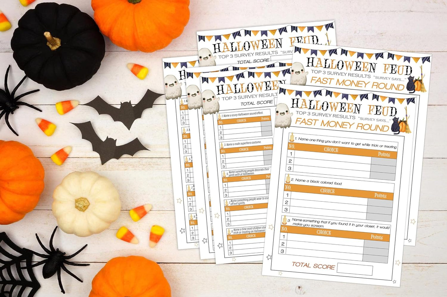 Halloween Feud Game Set, Friendly Feud Quiz, Baby Shower Game, Halloween Party Activity, Family Games for Adults (30 Halloween Feud Cards + 3 Fast Money Round Cards) Halloween Party Decorations-P001