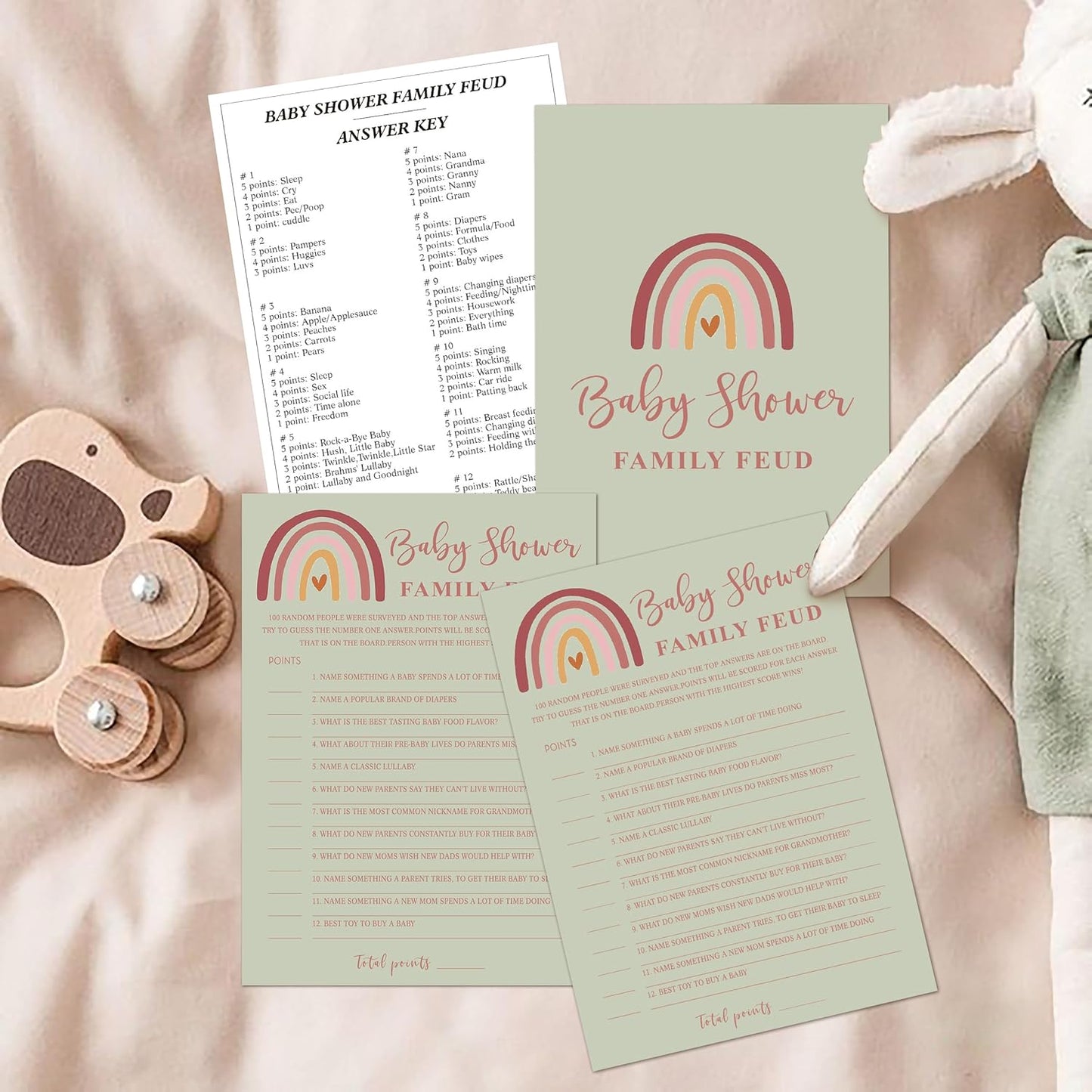 Baby Shower Family Feud Game - 30 Cards, Answer Key, Rainbow Decorations for Boy & Girl, Feud Supplies-05B-Atrovirens